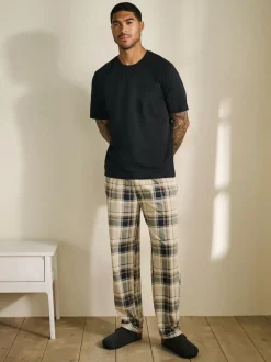 Next Short Sleeve Jersey Pyjamas Set Neutral/Black Check Clearance