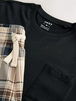 Next Short Sleeve Jersey Pyjamas Set Neutral/Black Check Clearance