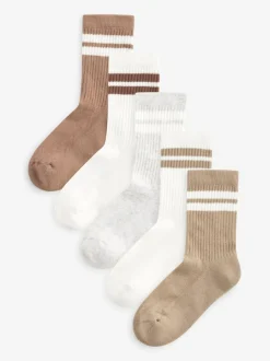 Next Neutral/Brown/White/Grey Cushioned Footbed Cotton Rich Ribbed Tipped Socks 5 Pack