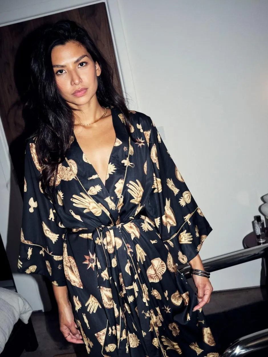 Never Fully Dressed Black/Gold Charm Satin Robe Outlet