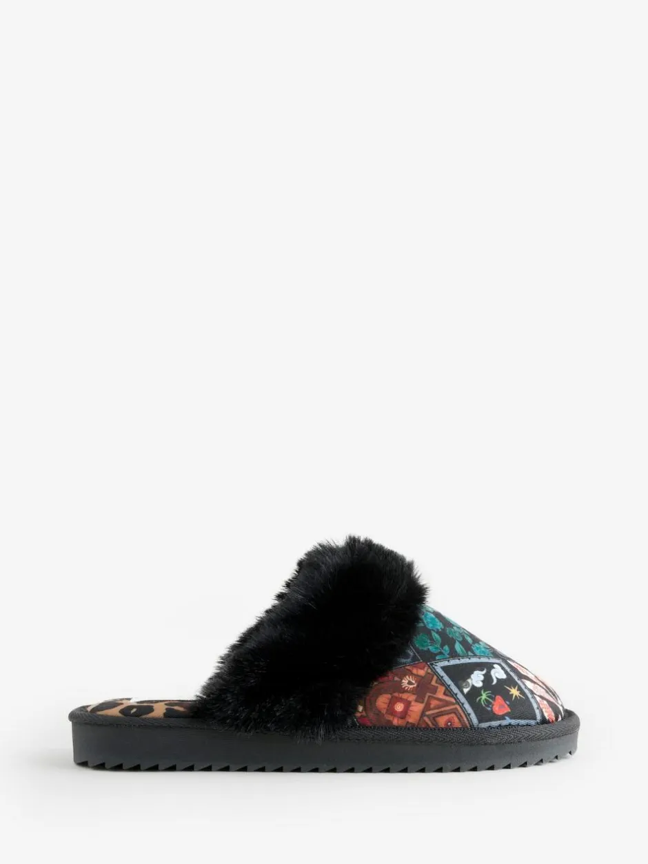 Never Fully Dressed Multi Black Quilted Faux Fur Lined Mule Slippers Best