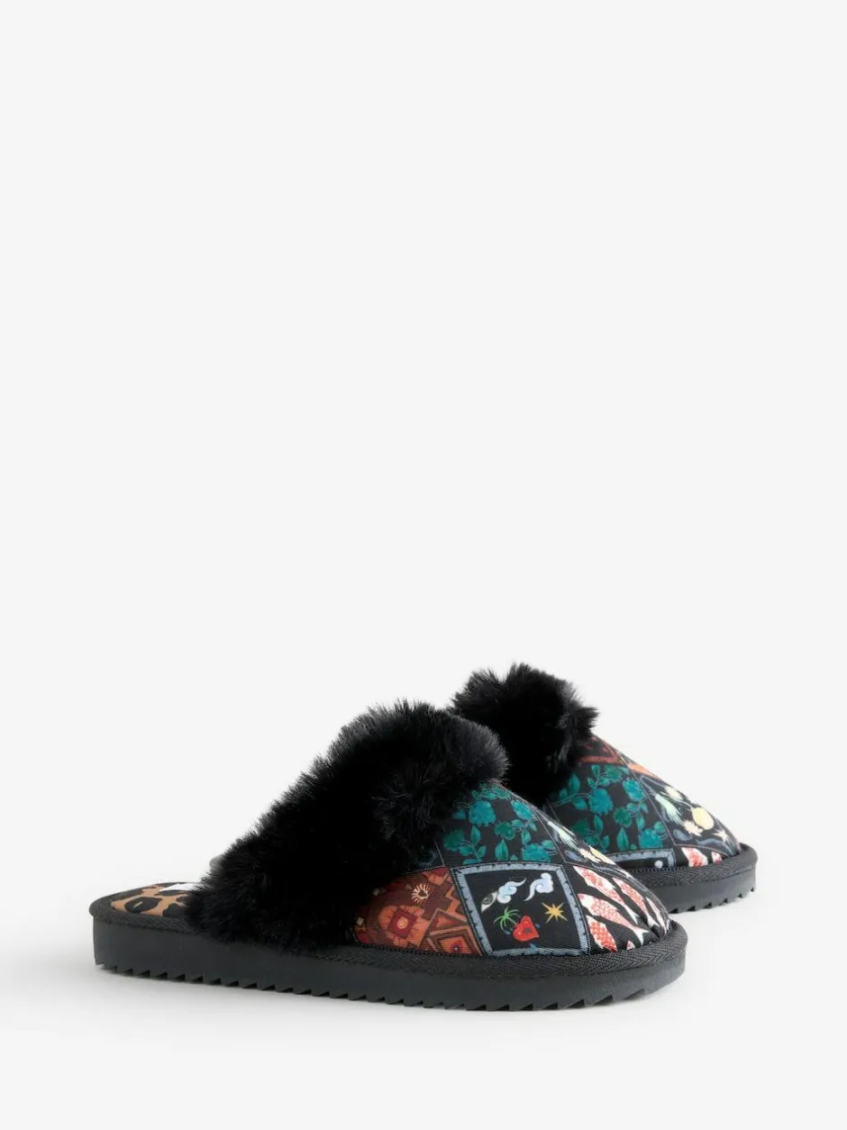 Never Fully Dressed Multi Black Quilted Faux Fur Lined Mule Slippers Best