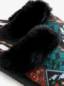 Never Fully Dressed Multi Black Quilted Faux Fur Lined Mule Slippers Best