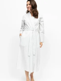 Nora Rose Grey Seersucker Stripe Lace Trim Long Sleeve Long Dressing Gown New