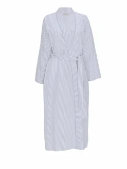 Nora Rose Grey Seersucker Stripe Lace Trim Long Sleeve Long Dressing Gown New