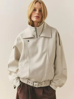 Nothing Ordinary Faux Leather Funnel Collared Biker Jacket Stone Outlet