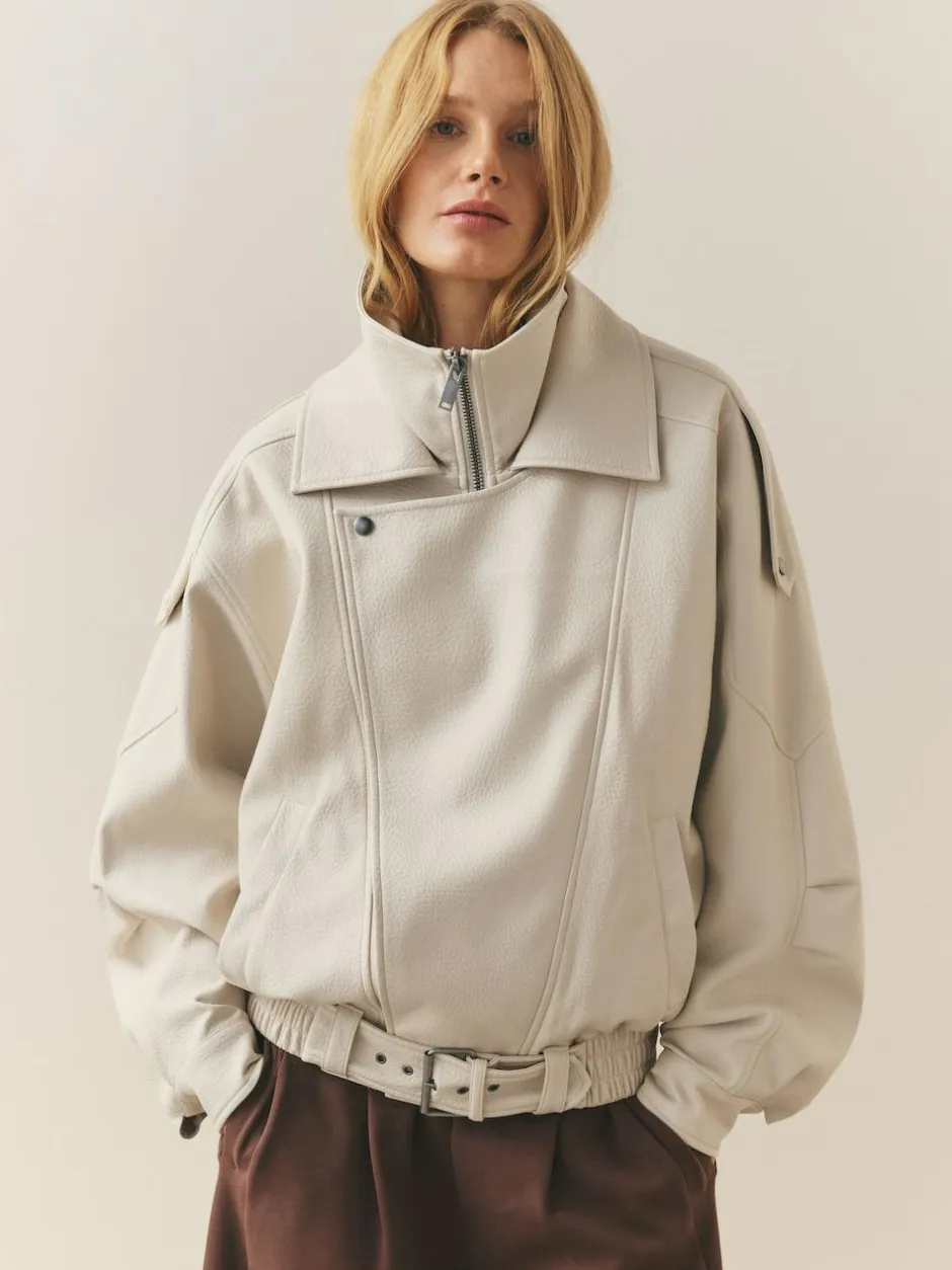 Nothing Ordinary Faux Leather Funnel Collared Biker Jacket Stone Outlet