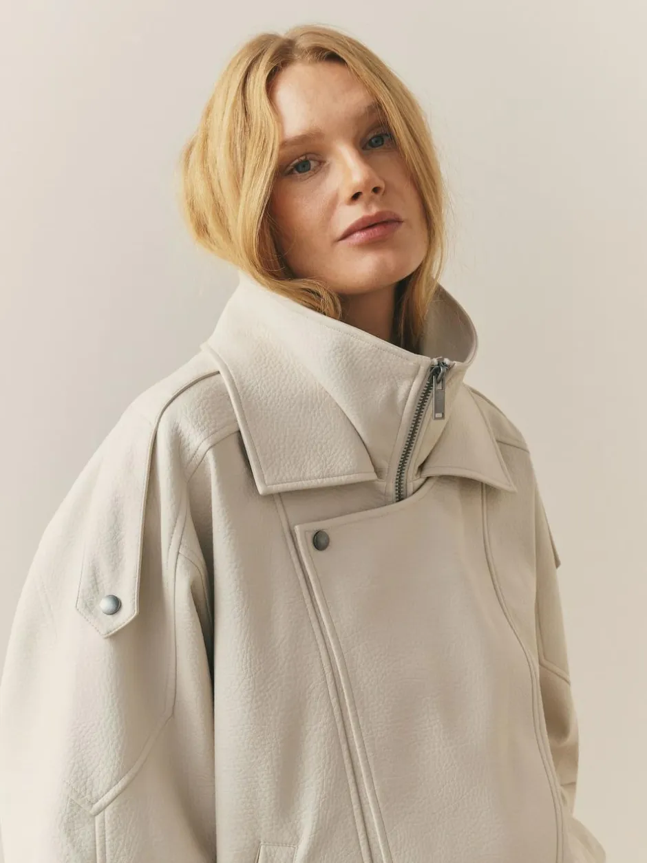 Nothing Ordinary Faux Leather Funnel Collared Biker Jacket Stone Outlet