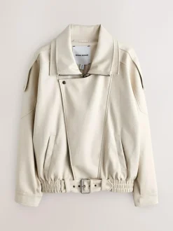 Nothing Ordinary Faux Leather Funnel Collared Biker Jacket Stone Outlet