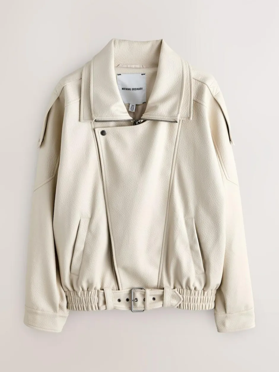Nothing Ordinary Faux Leather Funnel Collared Biker Jacket Stone Outlet