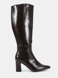 Novo Wide Fit Gala Point Toe Block Heel Knee Boots Brown Clearance