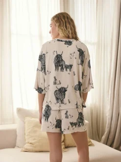 Next Oatmeal Hamish The Highland Cow Cosy Short Pyjamas Set Outlet