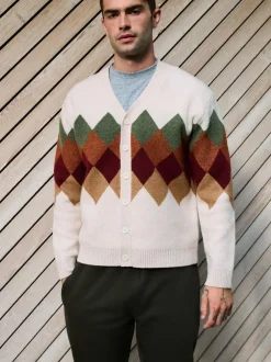 Next Oatmeal Multi Relaxed Fit Argyle Cardigan with Wool Sale
