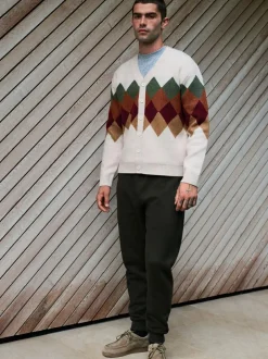 Next Oatmeal Multi Relaxed Fit Argyle Cardigan with Wool Sale