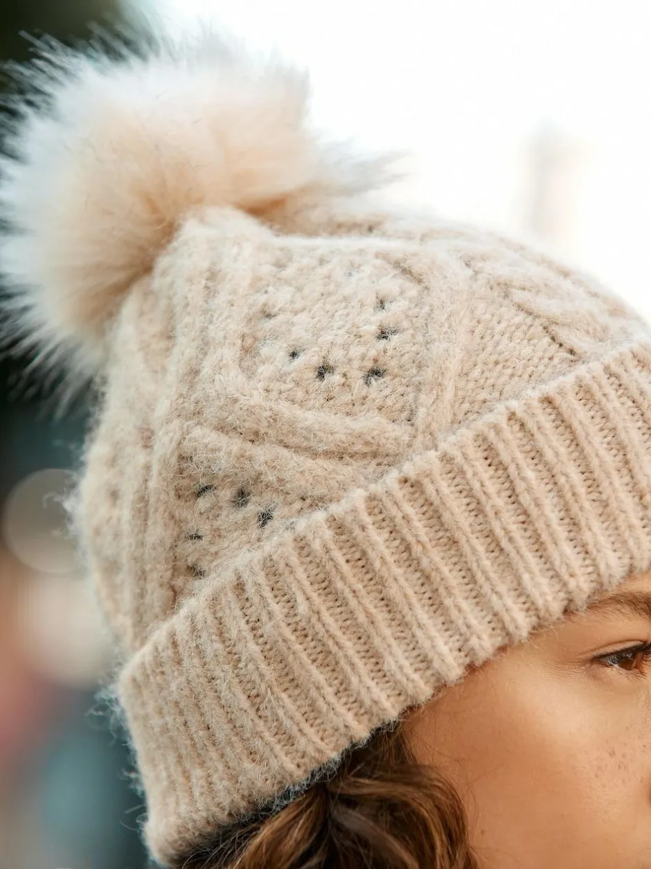 Next Oatmeal Pointelle Knit Pom Hat Discount
