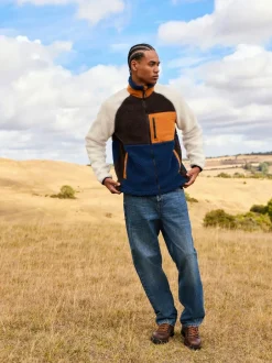 Next Colourblock Zip Through Funnel Fleece Ochre Orange/Ecru Neutral Hot