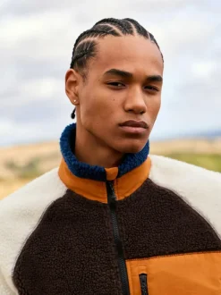 Next Colourblock Zip Through Funnel Fleece Ochre Orange/Ecru Neutral Hot