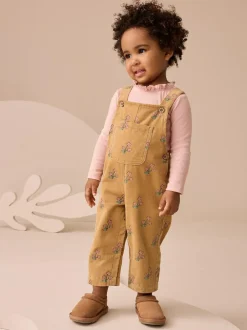 Next Ochre Yellow Floral Print Corduroy Dungarees and T Shirt Set (3mths-7yrs) New
