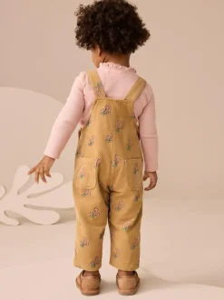 Next Ochre Yellow Floral Print Corduroy Dungarees and T Shirt Set (3mths-7yrs) New