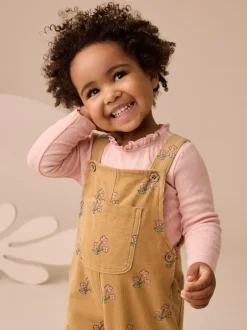 Next Ochre Yellow Floral Print Corduroy Dungarees and T Shirt Set (3mths-7yrs) New