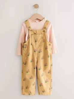 Next Ochre Yellow Floral Print Corduroy Dungarees and T Shirt Set (3mths-7yrs) New