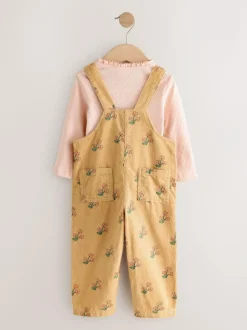 Next Ochre Yellow Floral Print Corduroy Dungarees and T Shirt Set (3mths-7yrs) New