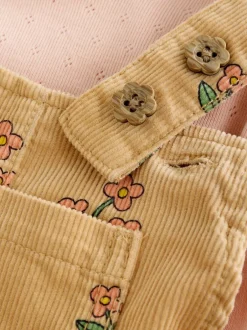 Next Ochre Yellow Floral Print Corduroy Dungarees and T Shirt Set (3mths-7yrs) New