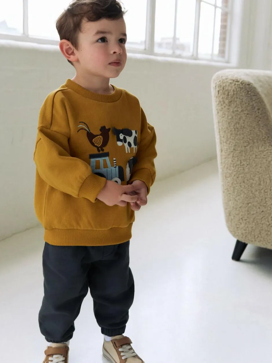 Next Ochre Yellow/Charcoal Farm Single Sweatshirt and Joggers Set (3mths-7yrs) Clearance