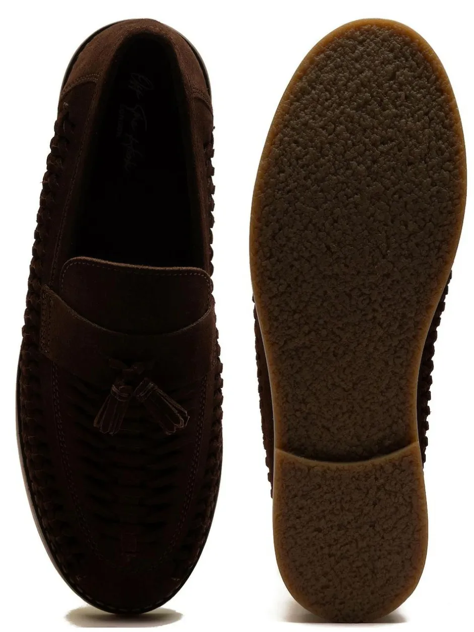 Off The Hook Tiger Tassel Suede Leather Slip-On Loafers with Woven Detail Brown Sale