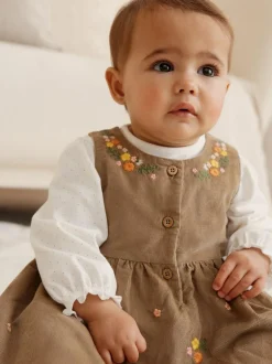 Next Olive Green Embroidered Baby Cord Pinafore Long Sleeve Bodysuit & Tights Set (0mths-2yrs) Best