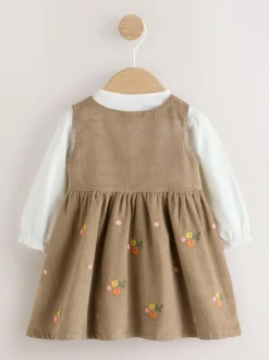 Next Olive Green Embroidered Baby Cord Pinafore Long Sleeve Bodysuit & Tights Set (0mths-2yrs) Best