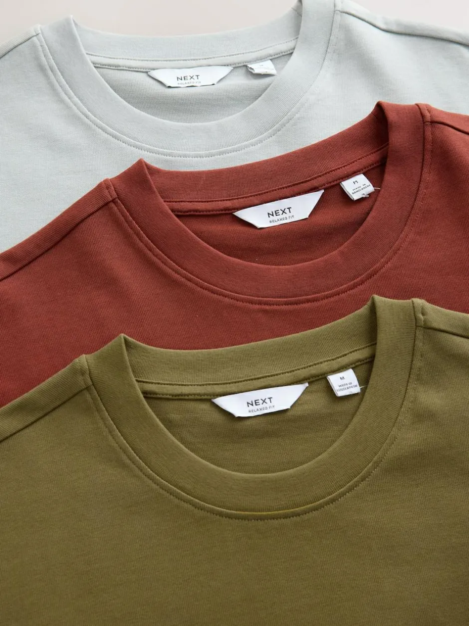 Next Olive Green /Ice Grey/Orange Rust Relaxed Fit Heavyweight T-Shirts 3 Pack Sale