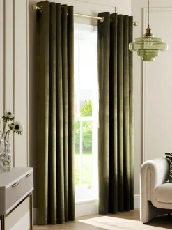 Next Liquid Velvet Blackout/Thermal Eyelet Curtains Olive Green Clearance