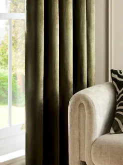 Next Liquid Velvet Blackout/Thermal Eyelet Curtains Olive Green Clearance