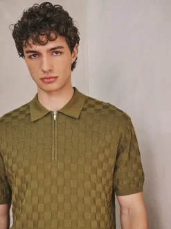 Next N.Premium Regular Fit Checkerboard Knitted Short Sleeve Zip Neck Polo Shirt Olive Green Hot
