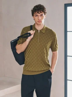 Next N.Premium Regular Fit Checkerboard Knitted Short Sleeve Zip Neck Polo Shirt Olive Green Hot