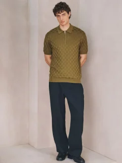 Next N.Premium Regular Fit Checkerboard Knitted Short Sleeve Zip Neck Polo Shirt Olive Green Hot