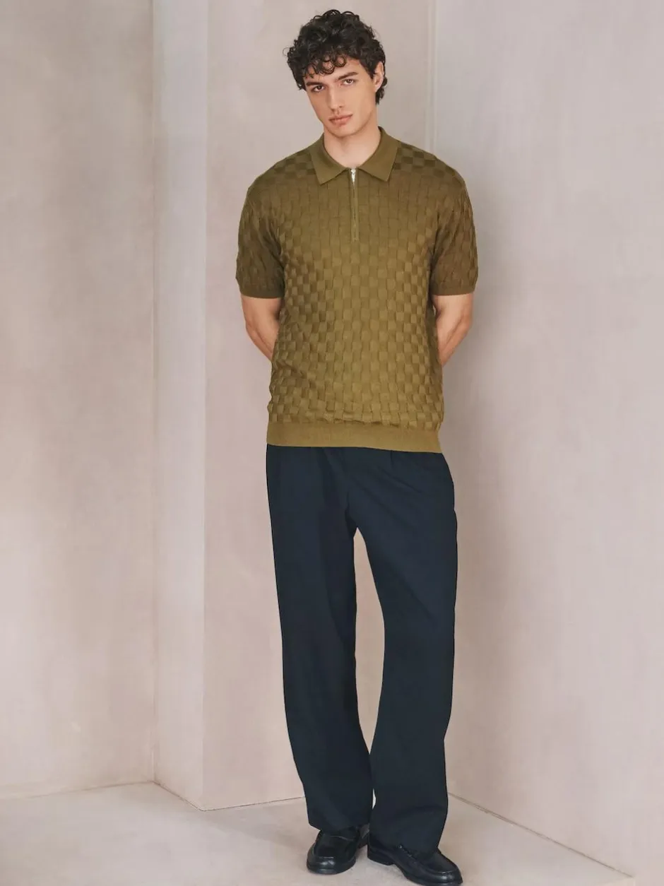 Next N.Premium Regular Fit Checkerboard Knitted Short Sleeve Zip Neck Polo Shirt Olive Green Hot