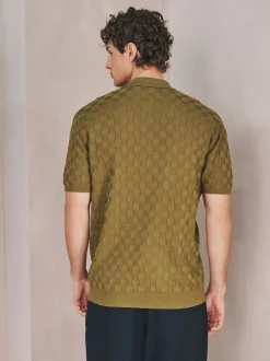 Next N.Premium Regular Fit Checkerboard Knitted Short Sleeve Zip Neck Polo Shirt Olive Green Hot