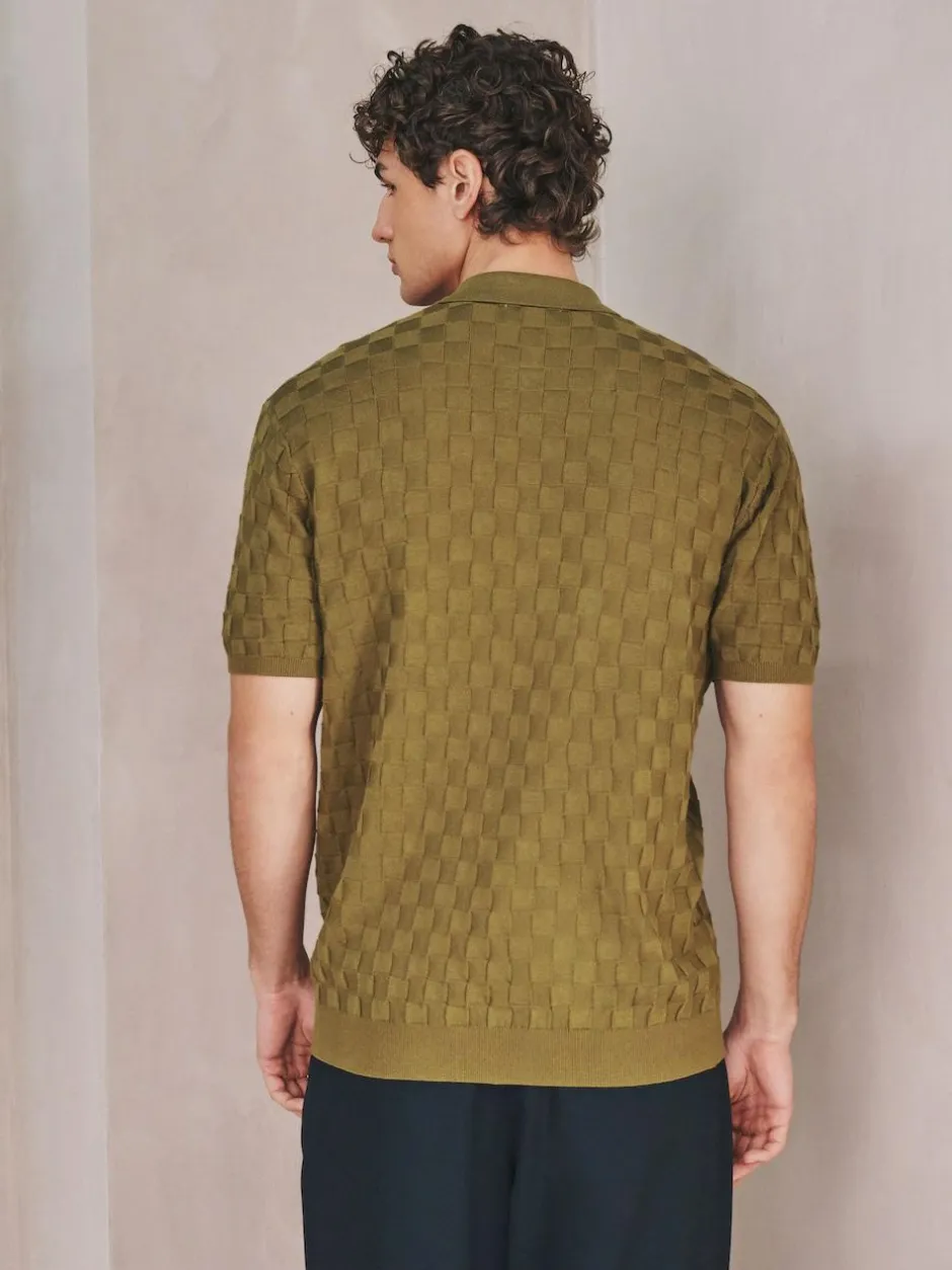 Next N.Premium Regular Fit Checkerboard Knitted Short Sleeve Zip Neck Polo Shirt Olive Green Hot