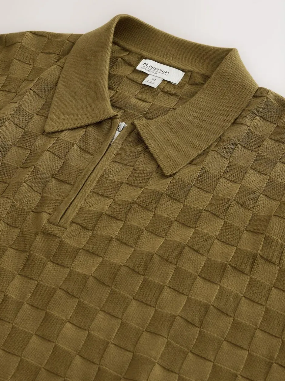Next N.Premium Regular Fit Checkerboard Knitted Short Sleeve Zip Neck Polo Shirt Olive Green Hot
