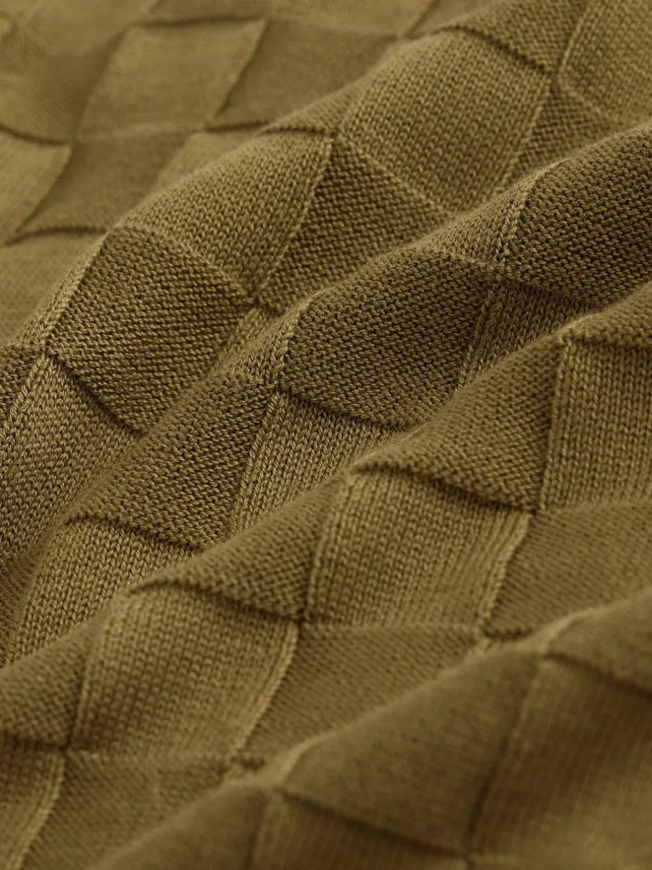 Next N.Premium Regular Fit Checkerboard Knitted Short Sleeve Zip Neck Polo Shirt Olive Green Hot