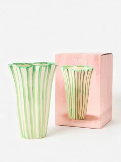 Oliver Bonas Green & White Striped Ceramic Vase Outlet