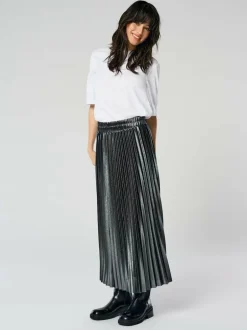 ONLY Black Metallic Pleated Midi Skirt New