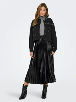 ONLY Black Metallic Pleated Midi Skirt New