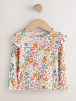 Next Long Sleeve Ribbed Frill Top (3mths-7yrs) Orange Ditsy Floral Hot