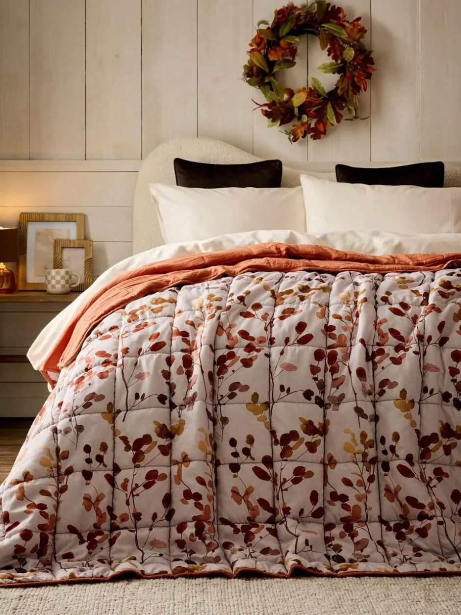 Next Honesty Floral Print Reversible Bedspread Orange Clearance