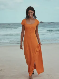 Next Short Sleeve Jersey Button Through Maxi Dress Orange Clearance