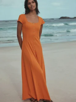 Next Short Sleeve Jersey Button Through Maxi Dress Orange Clearance