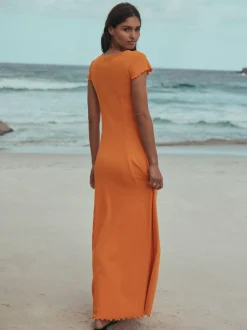 Next Short Sleeve Jersey Button Through Maxi Dress Orange Clearance